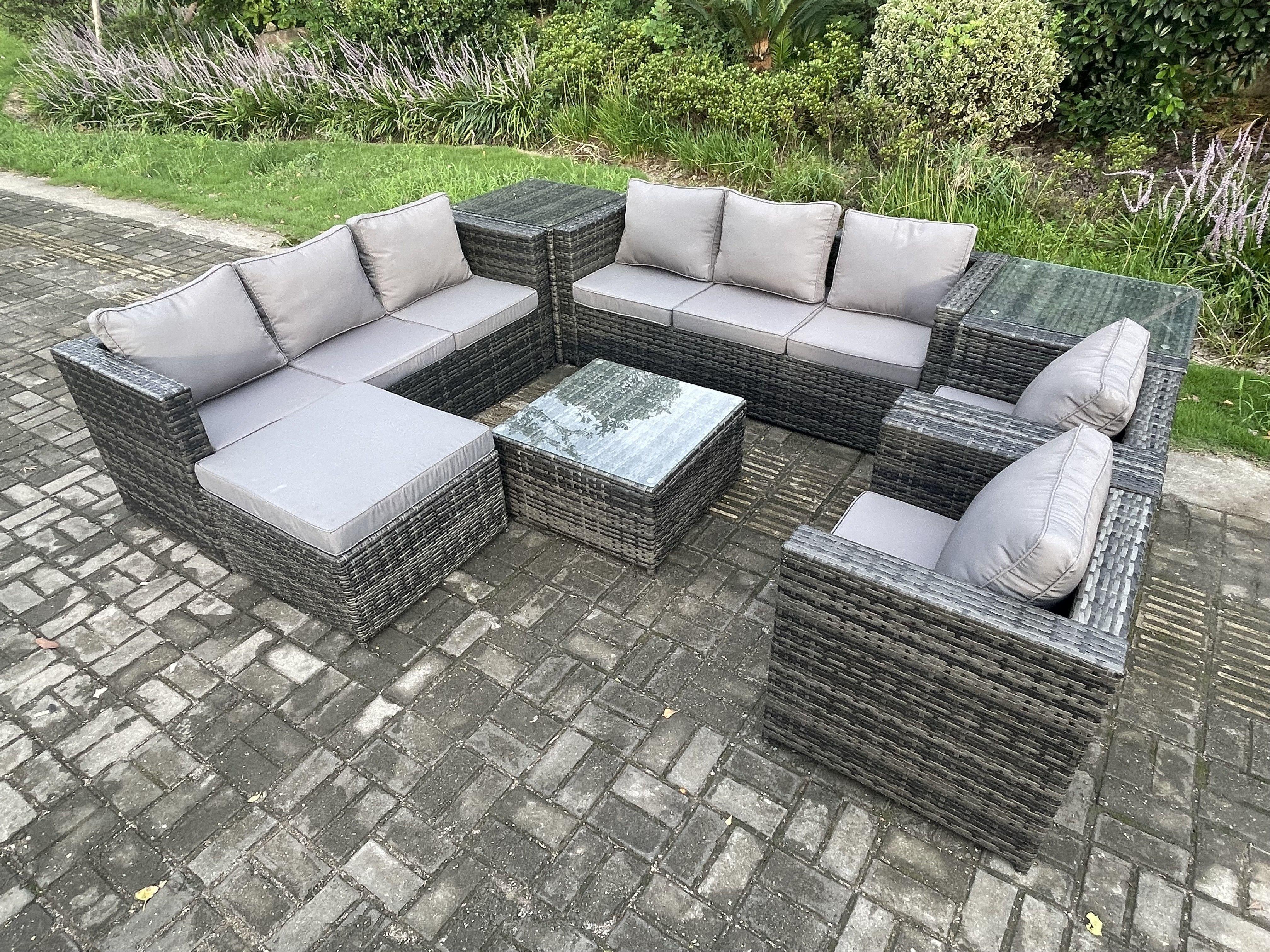 Rattan Garden Furniture Sofa Set with 2 Armchairs Square Coffee Table Side Table Big Footstool Indoo